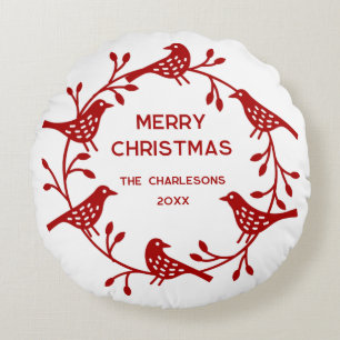 Coussins Ronds Couronne de Noël personnalisée oiseaux scandinaves