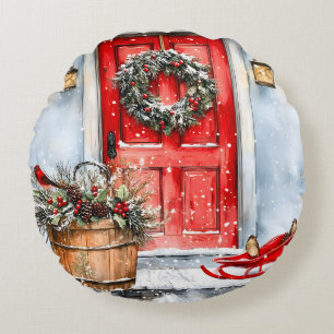Coussins Ronds Couronne de Noël rouge rustique vintage pour porte