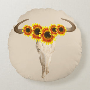 Coussins Ronds Crâne et tournesols rustiques de vache des Prairie