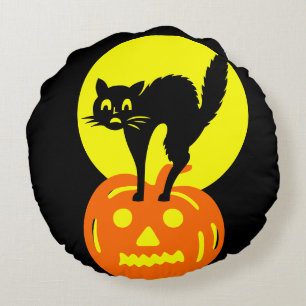 Coussins Ronds Crâne noir et jaune Citrouille Chat Halloween