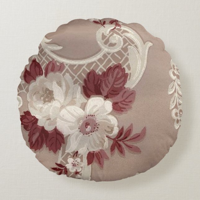 Coussins Ronds Crème et copie de papier peint de Bourgogne (Devant)