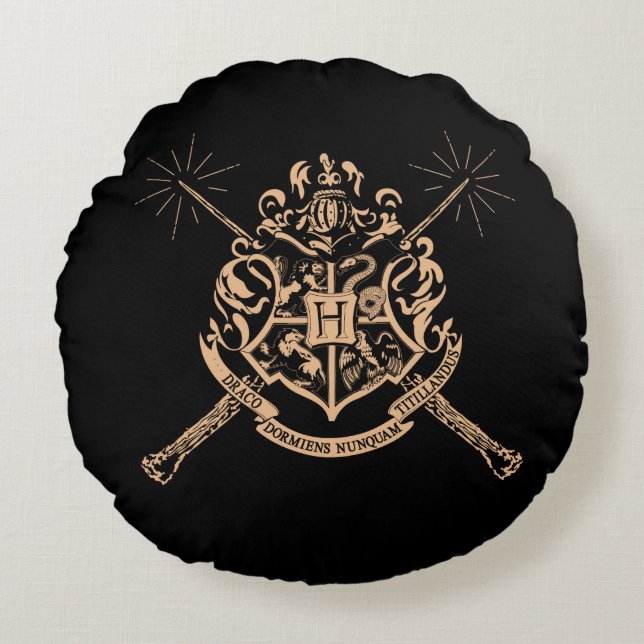 Coussins Ronds Crête de baguettes magiques croisée par Hogwarts (Devant)