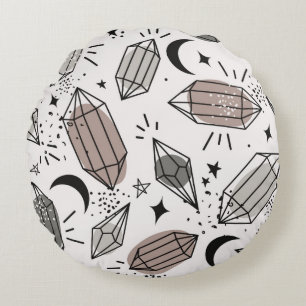 Coussins Ronds Cristaux, lune, étoiles, dessinés à la main se che