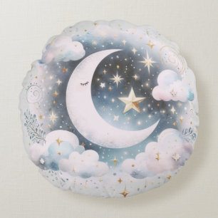 Coussins Ronds Croissant de Lune Céleste Bleu et Blanc Bohème Mod