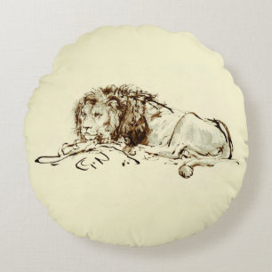 Coussins Ronds Croquis à l'encre vintage Rembrandt d'un Lion