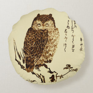 Coussins Ronds Croquis d'encre japonaise vintage d'un hibou