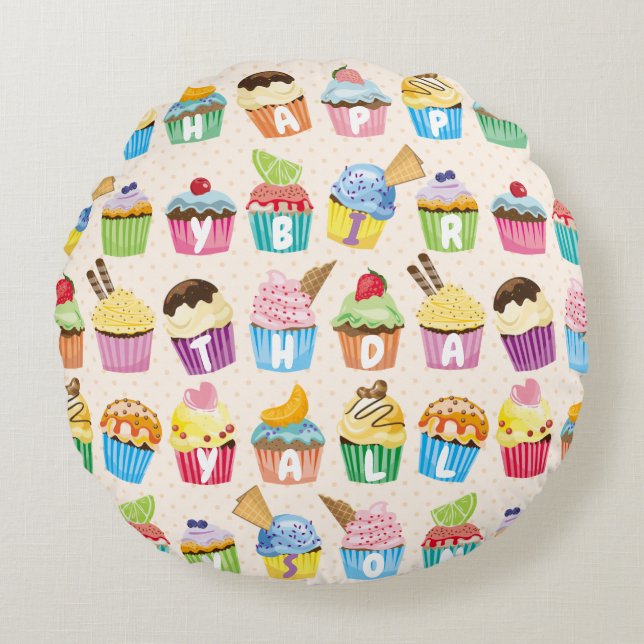 Coussins Ronds Cupcakes Happy Birthday Ajouter Votre Nom Goodies  (Devant)