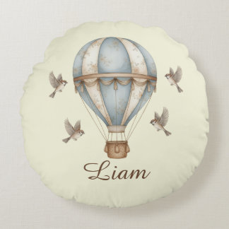Coussins Ronds Custom Baby Name Watercolor Vintage Hot Air Balloo