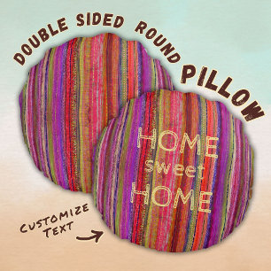Coussins Ronds Custom Boho Vintage Rouge Violet Rayures - 