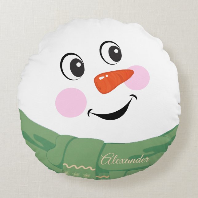 Coussins Ronds Custom Happy fun Snowman avec Green Scarf rond (Devant)