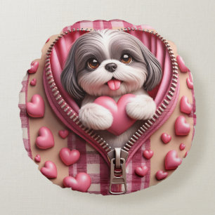 Coussins Ronds Cute 3D Shih Tzu dans un Arrière - plan rose et bl