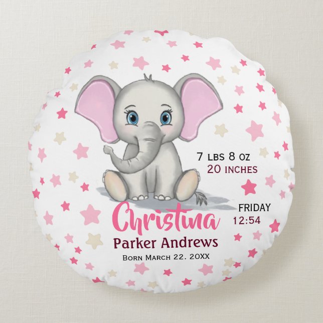 Coussins Ronds Cute Baby Elephant with Pink Ears Girl Birth Stats (Devant)