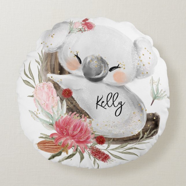 Coussins Ronds Cute Baby Koala Gold Speckle Nom personnalisé (Devant)