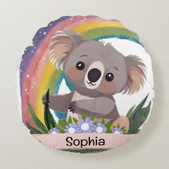 Coussins Ronds Cute Baby Koala Rainbow Nom personnalisé (Devant)