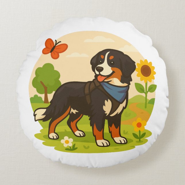 Coussins Ronds Cute Bernese Mountain Dog with Sunflower & Butterf (Devant)