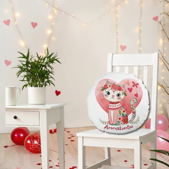 Coussins Ronds Cute Boho Valentine Chat (Créateur téléchargé)
