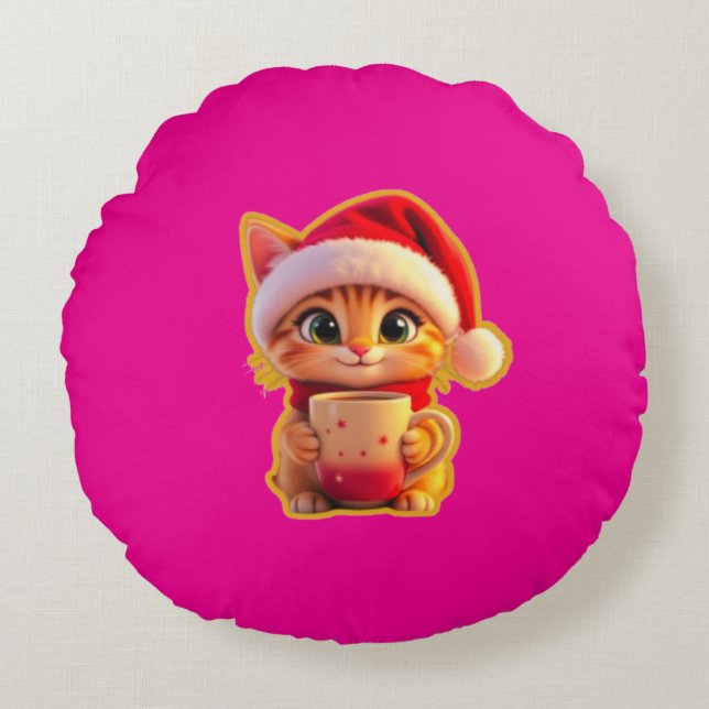 Coussins Ronds **Cute Christmas Cat with Santa Hat – Funny Holida (Devant)