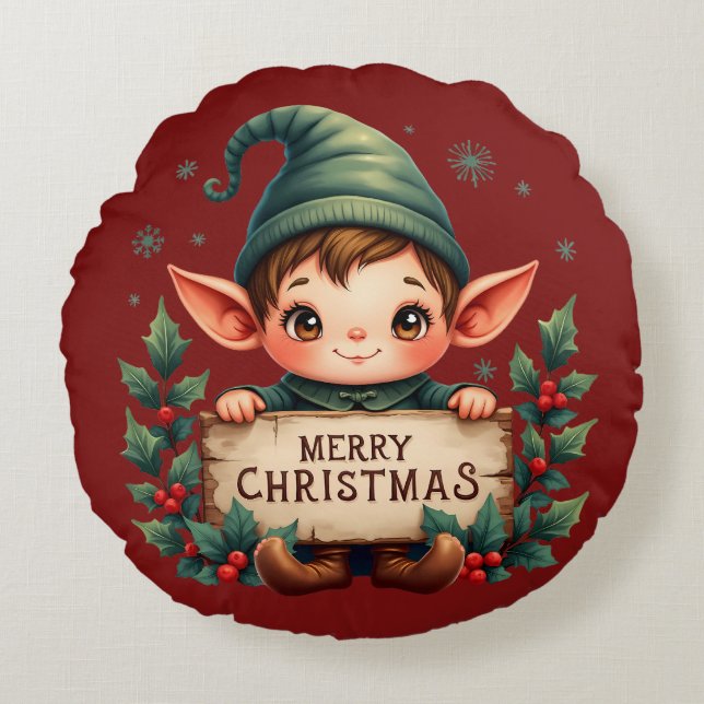 Coussins Ronds Cute Christmas Elf Holding Merry Sign (Devant)