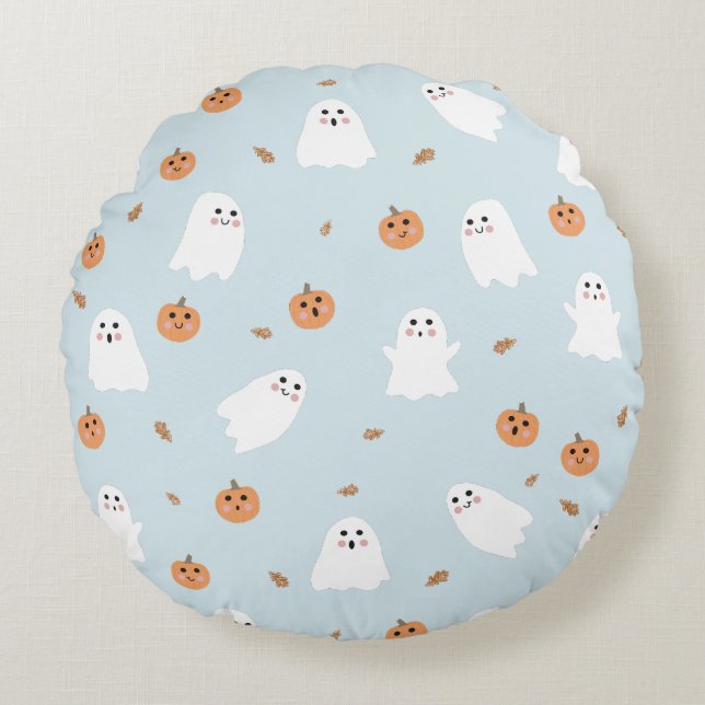 Coussins Ronds Cute Fantôme et Citrouille Motif d'Halloween bleu (Devant)