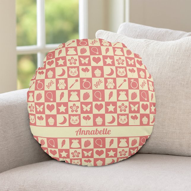 Coussins Ronds Cute Girl Moderne rose À damiers Icônes Motif (Créateur téléchargé)