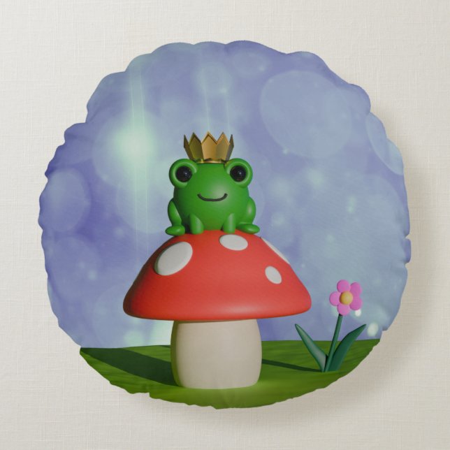 Coussins Ronds Cute grenouille caricaturale portant une couronne  (Devant)