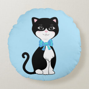 Coussins Ronds Cute Happy Tuxedo Chat sur Bleu clair