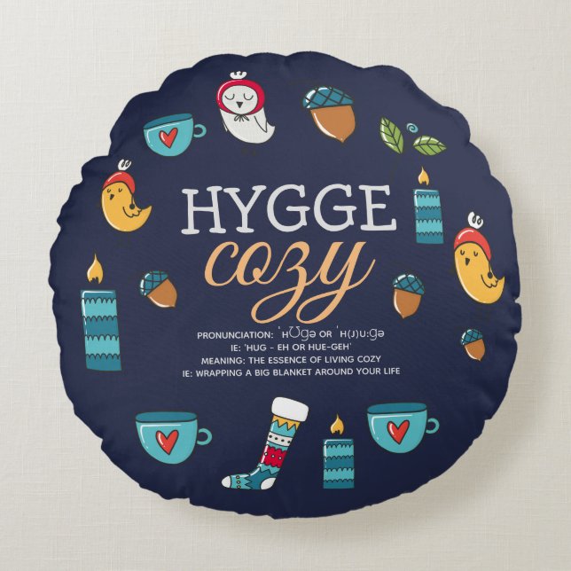 Coussins Ronds Cute Hygge Signifie Cosy Doodle Folk Art Personnal (Devant)