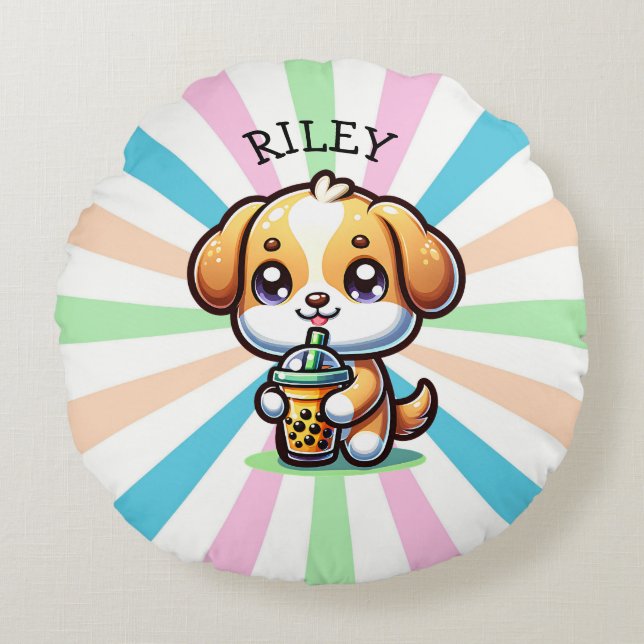Coussins Ronds Cute Kawaii Chien chiot avec Thé à bulle Personnal (Devant)