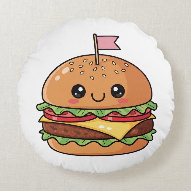 Coussins Ronds Cute Kawaii Smiling Cheeseburger Illustration (Devant)