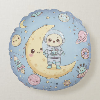 Coussins Ronds Cute Kawaii Space - Astronaut and Smiling Moon