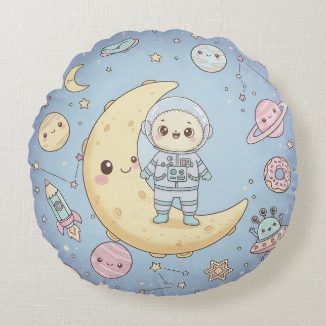 Coussins Ronds Cute Kawaii Space - Astronaut and Smiling Moon (Devant)