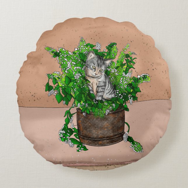Coussins Ronds Cute Kitten en Catnip Antique Pot (Devant)