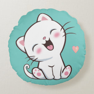 Coussins Ronds Cute Kitty Chat sur Light Turquoise