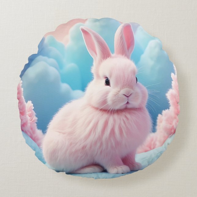 Coussins Ronds Cute Lapin Rose Coton Bonbons Nuages (Devant)