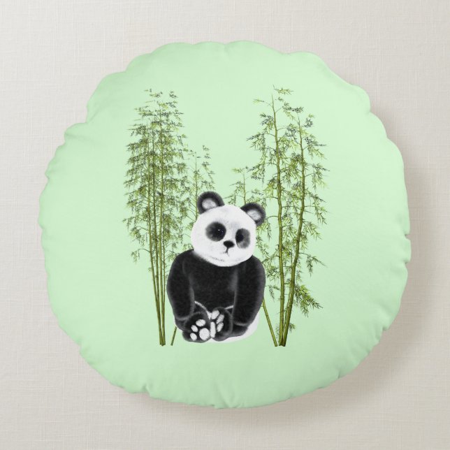 Coussins Ronds Cute Panda assise en bambou (Devant)