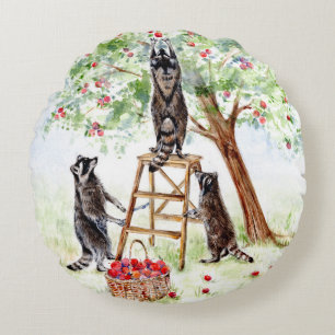 Coussins Ronds Cute Raccoons dans Apple Orchard
