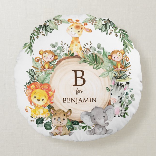 Coussins Ronds Cute Safari Jungle Animaux Monogram Baby Nursery (Devant)