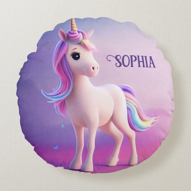 Coussins Ronds Cute Unicorne Blanche Avec Rose & Bleu Mane (Devant)