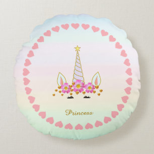 Coussins Ronds Cute Unicorne, Coeurs, Fleurs & Confetti Or
