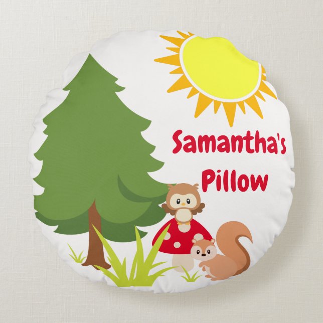 Coussins Ronds Cute Woodland Animals Écureuil & hibou Baby Nurser (Devant)