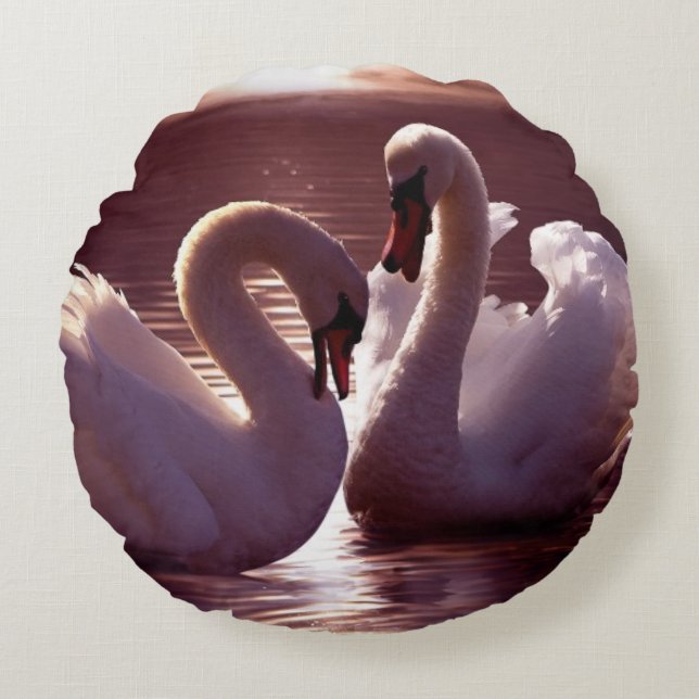 Coussins Ronds Cygnes affectueux formant un coeur (Devant)