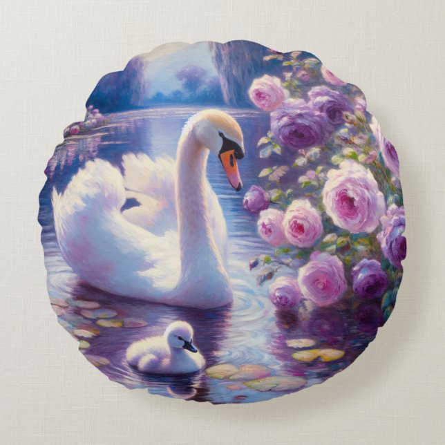 Coussins Ronds Cygnet blanc avec Roses violets (Devant)