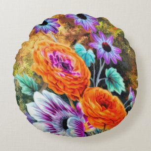 Coussins Ronds Dahlia daisy jardin fleuri or fleuri violet peac