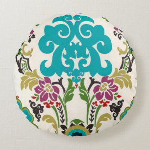 Coussins Ronds Damask Floral Patterns Plum Turquoise
