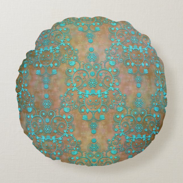 Coussins Ronds Damassé rustique vintage turquoise et marron (Devant)