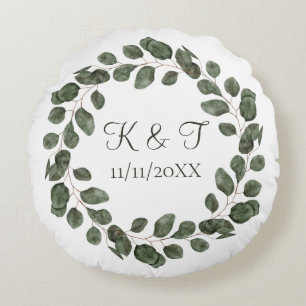 Coussins Ronds Date de mariage Monogramme Feuilles d'Eucalyptus É