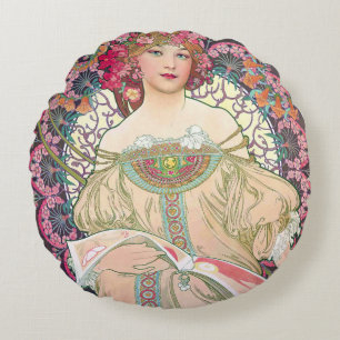 Coussins Ronds Daydream (Printemps), Alphonse Mucha Throw Pillow