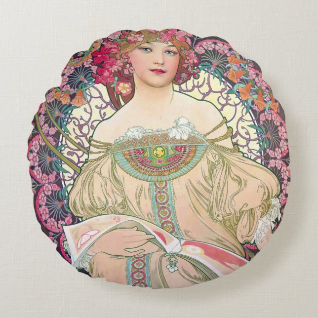 Coussins Ronds Daydream (Printemps), Alphonse Mucha Throw Pillow (Devant)