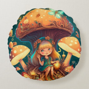Coussins Ronds De beaux elfes mignons jouent sous les champignons