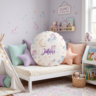 Coussins Ronds Décor de chambre licorne avec nom personnalisé